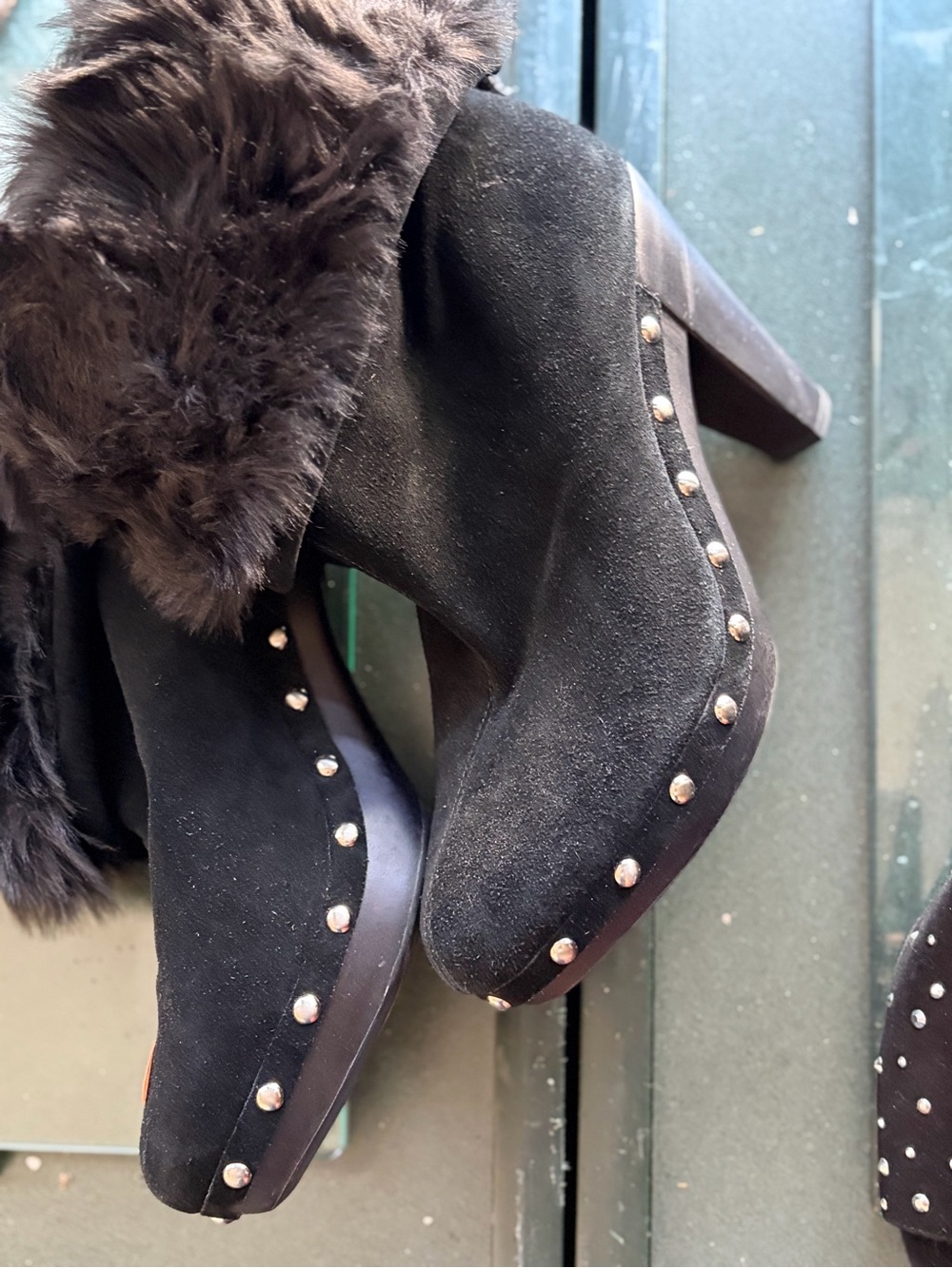 Black Suede Studded High-Heel Ankle Boots - Women